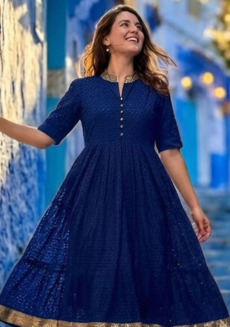 Blue Embroidery Hakoba Kurti Set - Indya