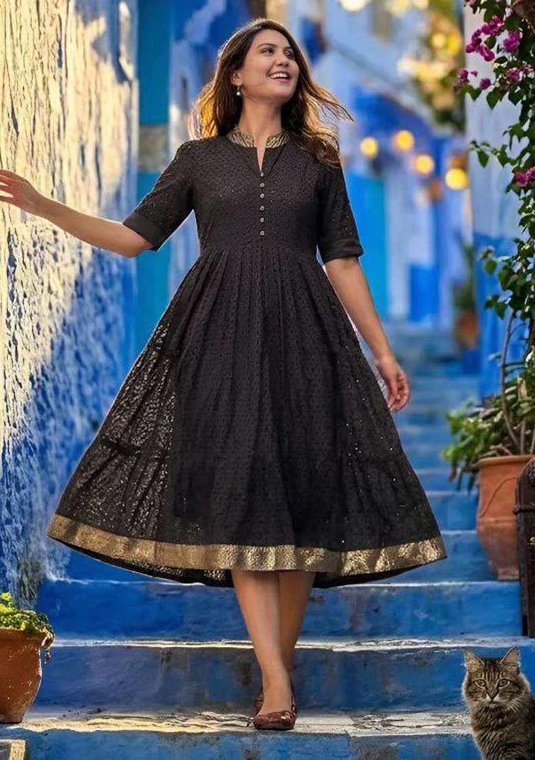 Black Embroidery Hakoba Kurti Set - Indya