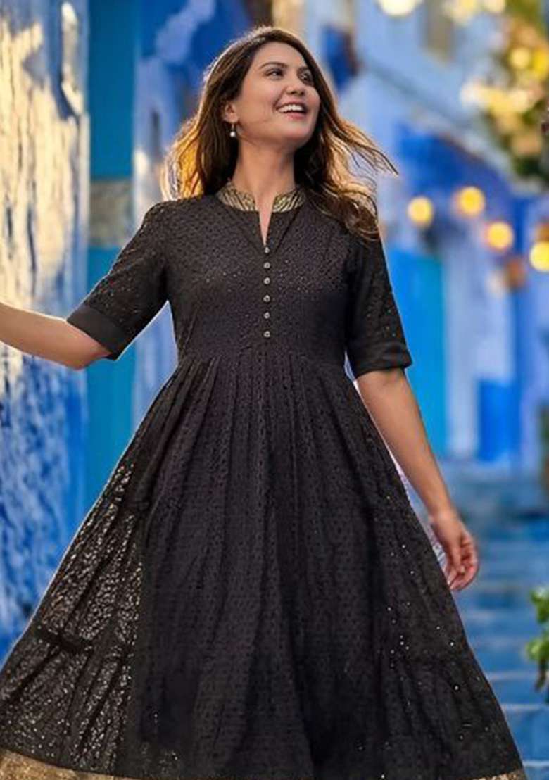 Black Embroidery Hakoba Kurti Set - Indya