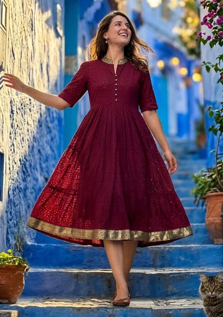Red Embroidery Hakoba Kurti Set - Indya
