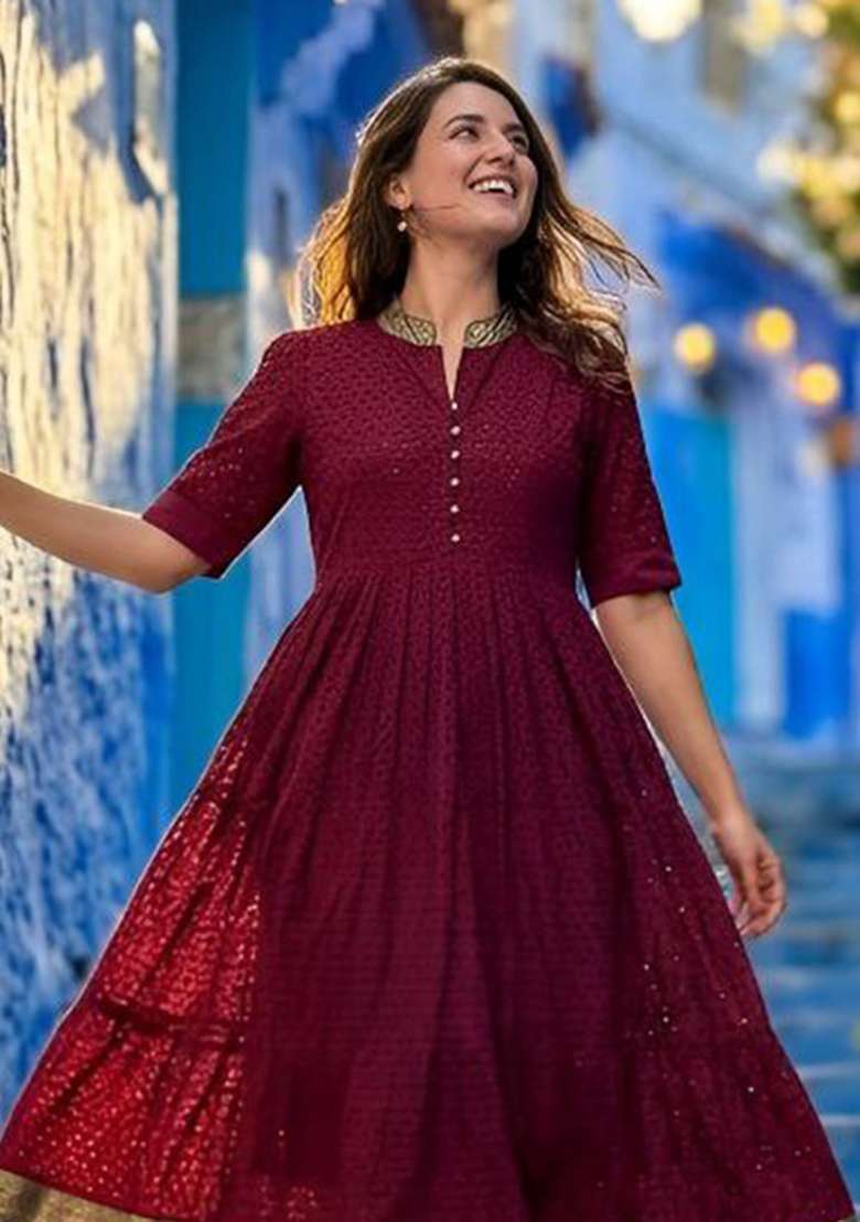 Red Embroidery Hakoba Kurti Set - Indya