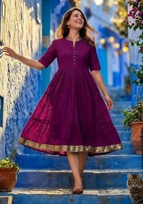 Purple Embroidery Hakoba Kurti Set