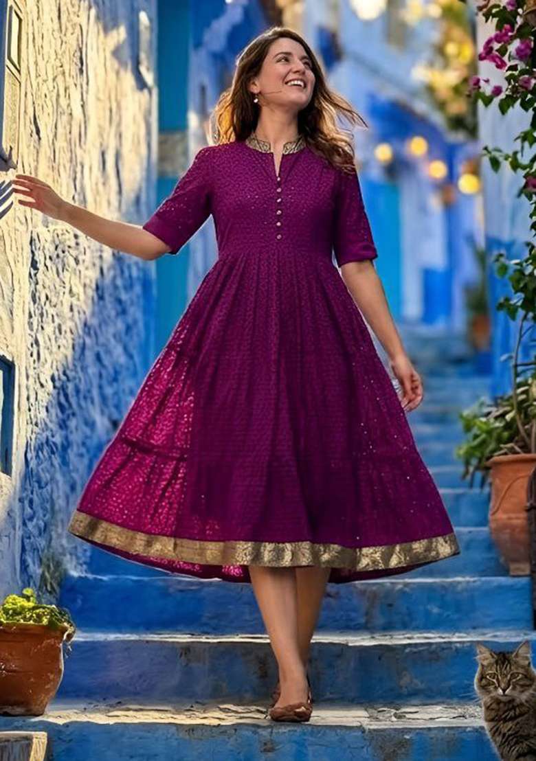 Purple Embroidery Hakoba Kurti Set - Indya