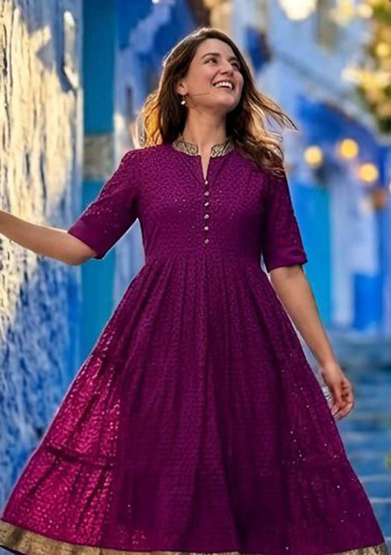 Purple Embroidery Hakoba Kurti Set - Indya