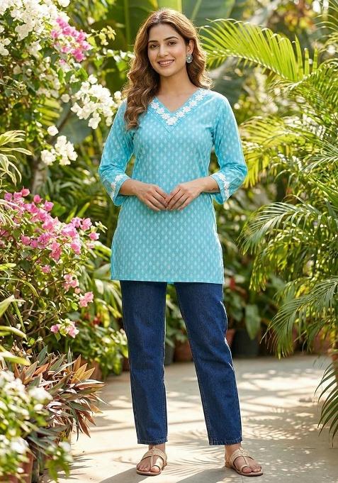 Sky Blue Embroidery Cotton Kurti Set