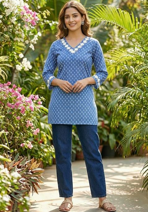 Blue Embroidery Cotton Kurti Set