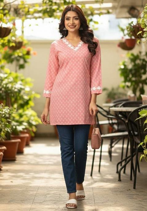 Pink Embroidery Cotton Kurti Set