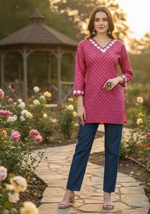 Rani Pink Embroidery Cotton Kurti Set