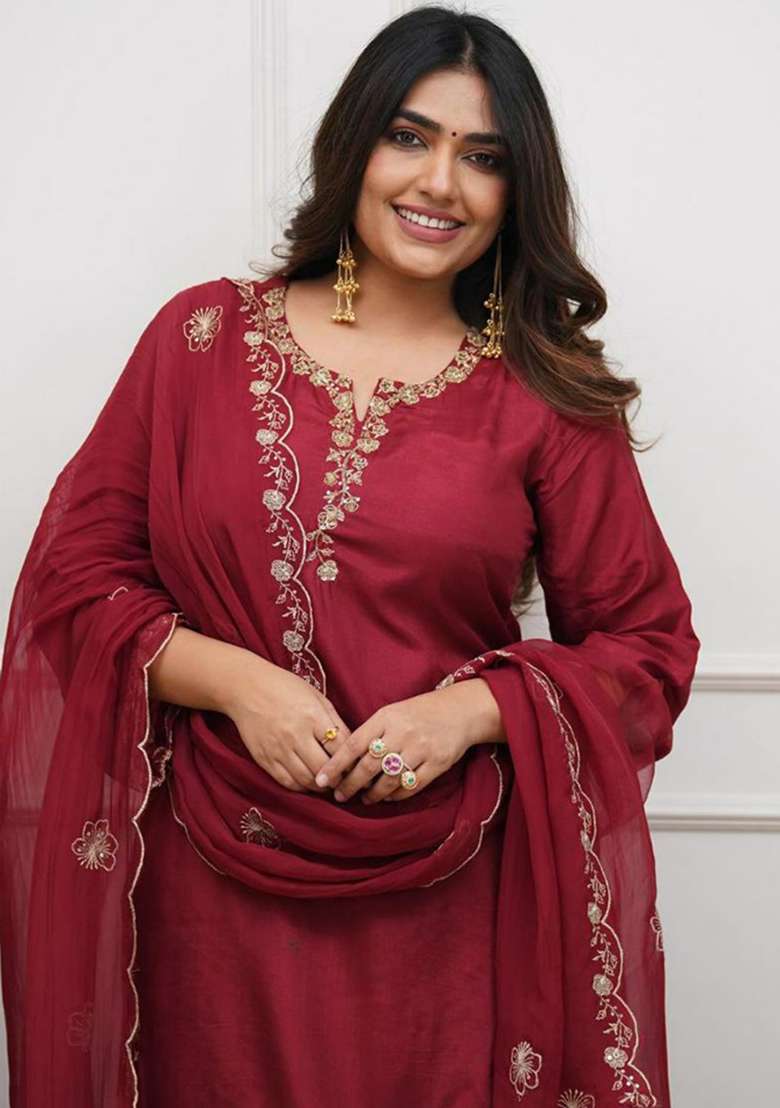 Maroon Embroidery Silk Blend Kurti Set - Indya
