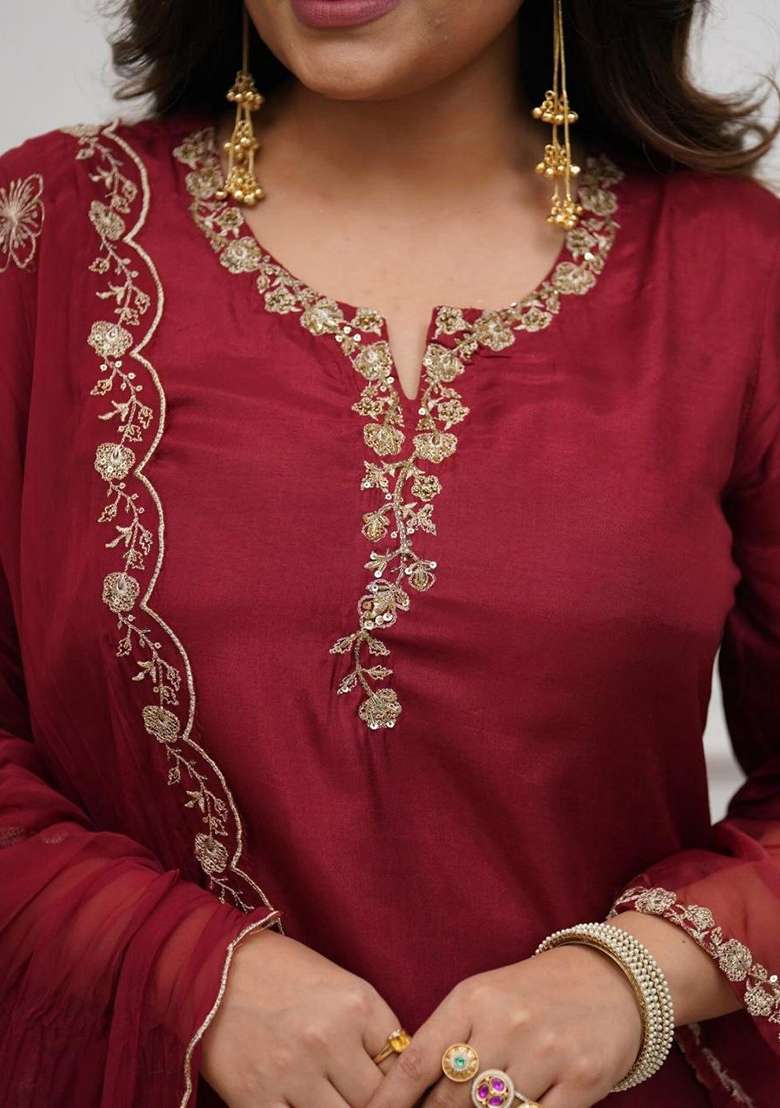 Maroon Embroidery Silk Blend Kurti Set - Indya