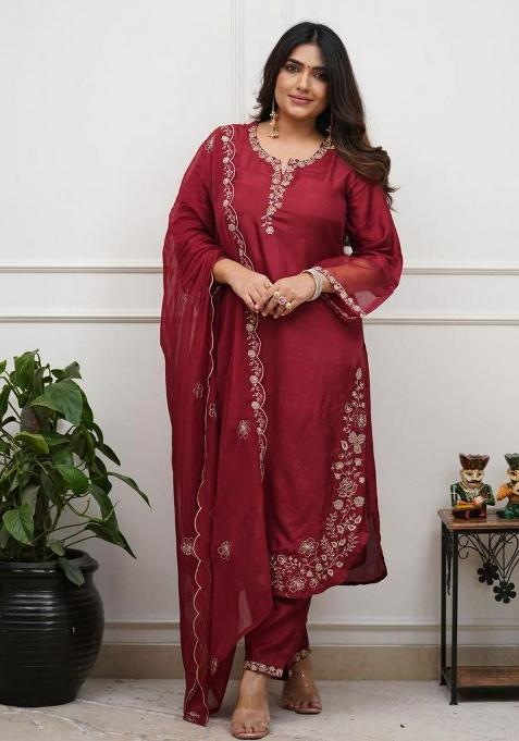 Maroon Embroidery Silk Kurti Set