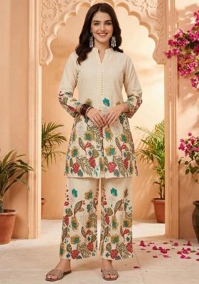 White Embroidery Cotton Kurti Set