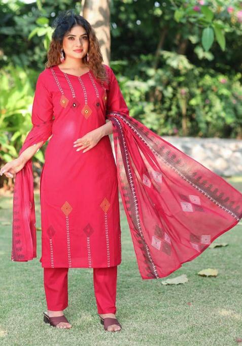 Rani Pink Embroidery Cotton Kurti Set