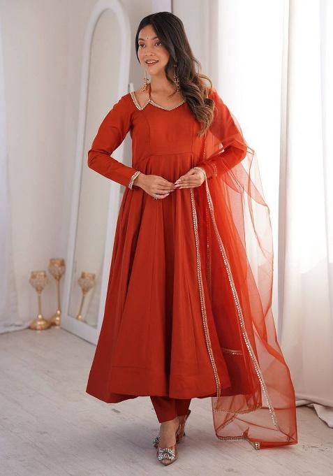 Orange Embroidery Silk Kurti Set
