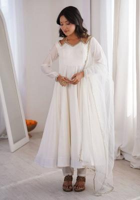 White Embroidery Silk Kurti Set