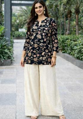 Black Embroidery Rayon Kurti Set