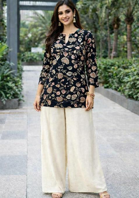 Black Embroidery Rayon Kurti Set