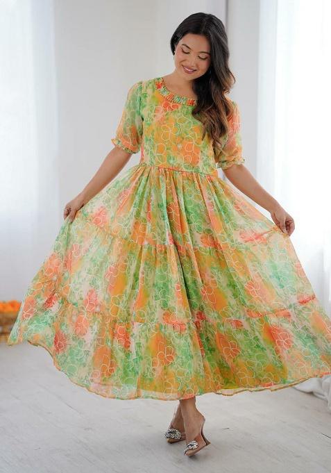 Green Embroidery Georgette Kurti Set