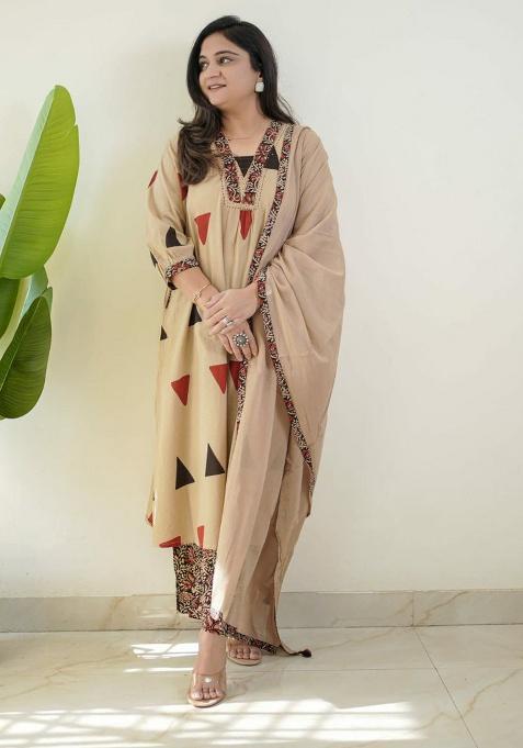 Yellow Embroidery Cotton Kurti Set
