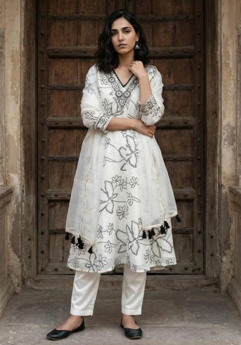 White Embroidery Crepe Kurti Set