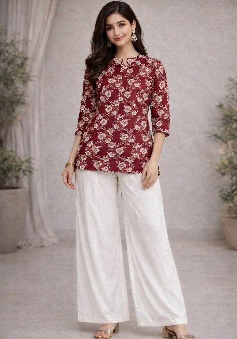 Red Embroidery Rayon Kurti Set
