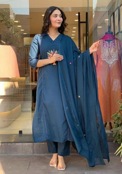 Blue Embroidery Viscose Kurti Set