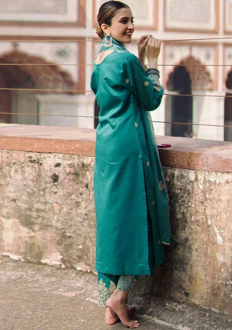 Rama Green Embroidery Rayon Kurti Set - Indya
