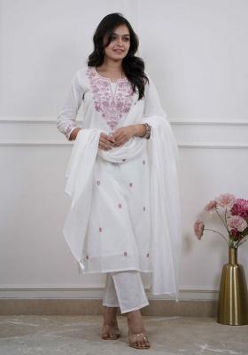 White Embroidery Cotton Kurti Set