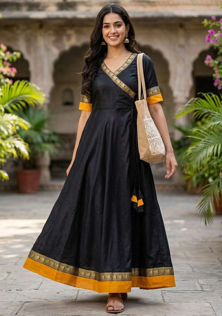 Black Embroidery Vichitra Kurti Set - Indya