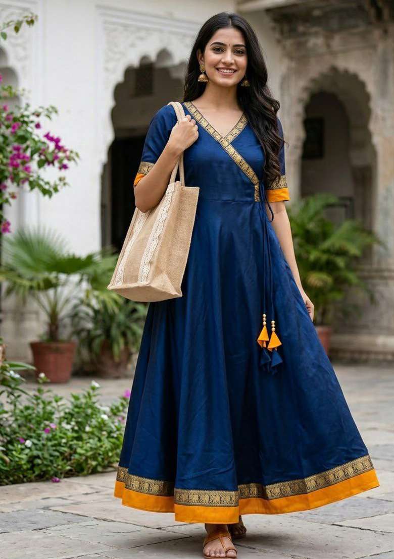Blue Embroidery Vichitra Kurti Set - Indya