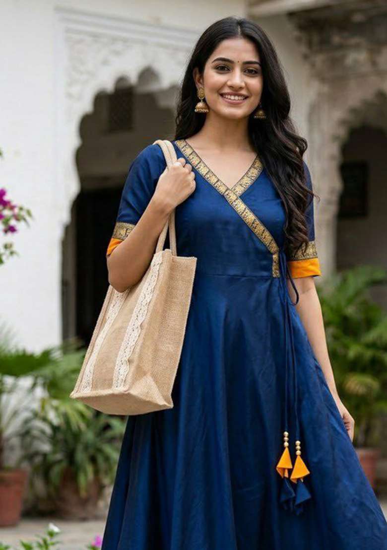 Blue Embroidery Vichitra Kurti Set - Indya
