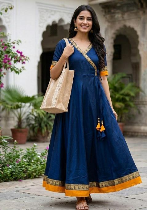 Blue Embroidery Vichitra Kurti Set