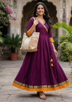 Purple Embroidery Vichitra Kurti Set