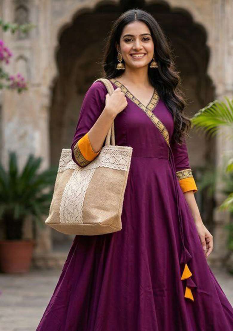 Purple Embroidery Vichitra Kurti Set - Indya