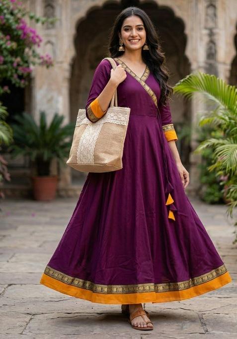 Purple Embroidery Vichitra Kurti Set