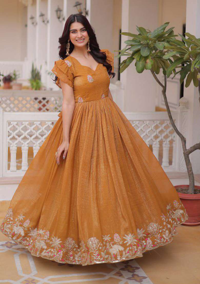 Brown Embroidery Crunchy Kurti Set - Indya