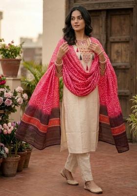 White Embroidery Silk Kurti Set