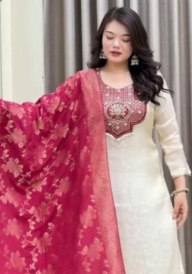 White Embroidery Banarasi Kurti Set