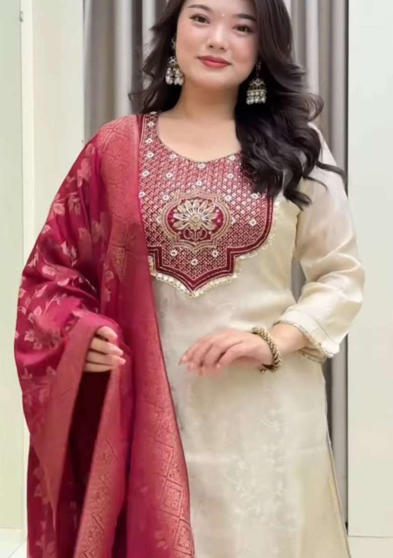 White Embroidery Banarasi Kurti Set - Indya