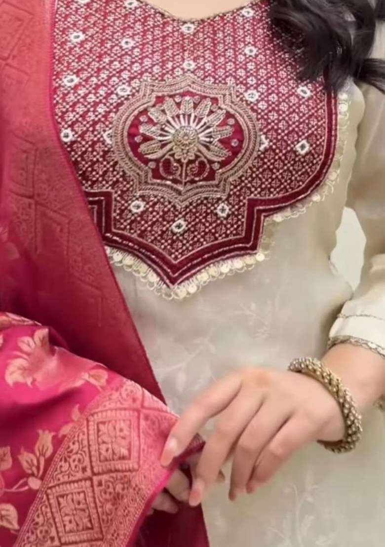 White Embroidery Banarasi Kurti Set - Indya
