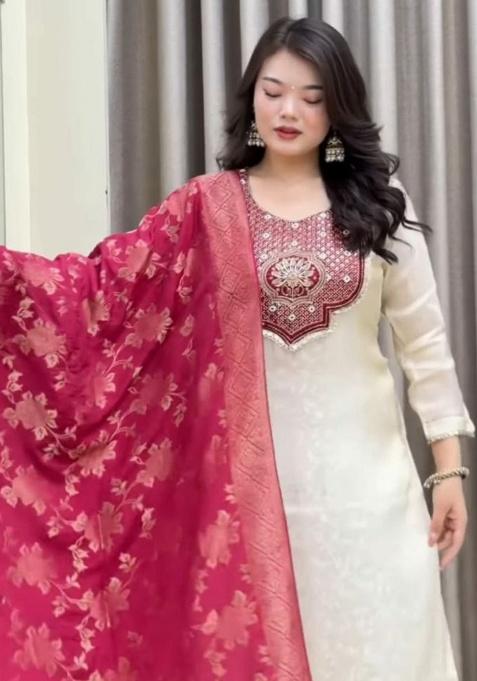 White Embroidery Banarasi Kurti Set