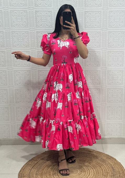 Pink Embroidery Cotton Kurti Set