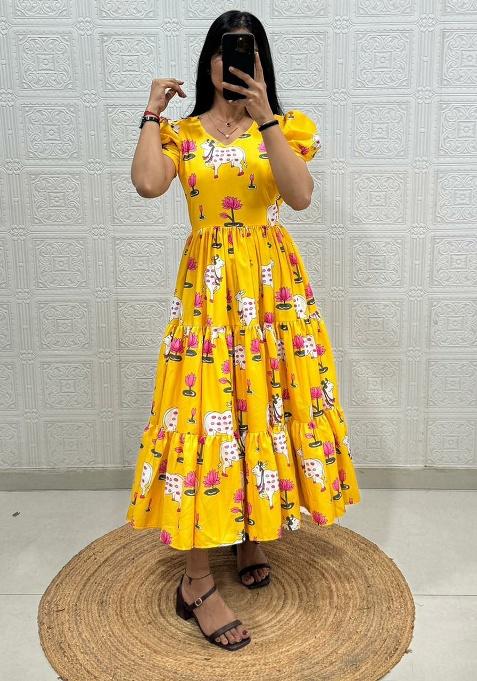 Yellow Embroidery Cotton Kurti Set