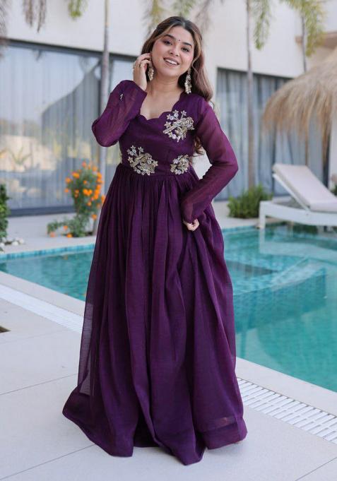 Purple Embroidery Crunchy Kurti Set