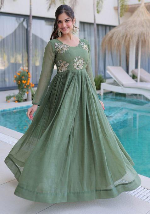 Green Embroidery Crunchy Kurti Set