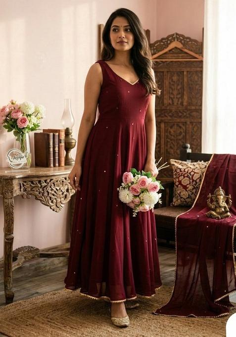 Maroon Embroidery Georgette Kurti Set