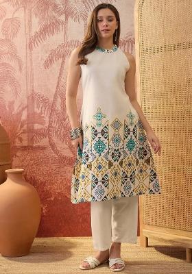 Cream Printed Cotton Kurta