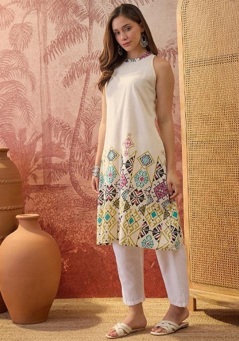 Cream Printed Cotton Kurta