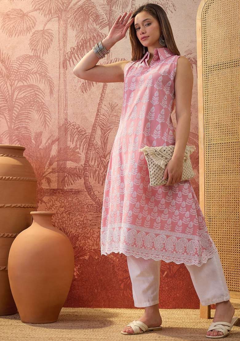 Peach Embroidery Cotton Kurta - Indya