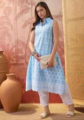 Sky Blue Embroidery Cotton Kurta